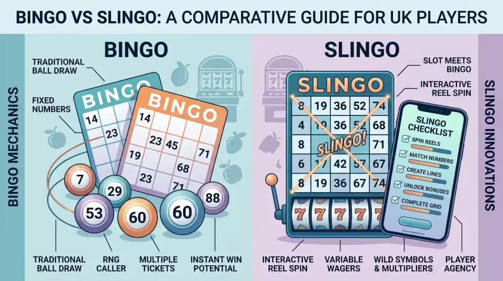 Illustration comparing bingo cards, bingo balls, Slingo grid symbols and a mobile checklist