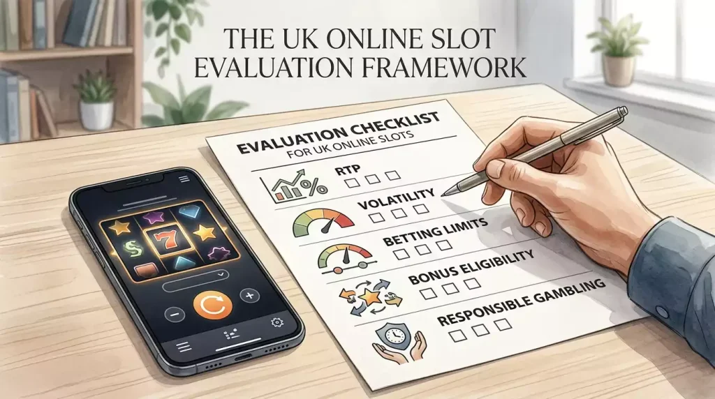 Illustration of a UK online slots checklist with RTP, volatility, stake limits, bonus eligibility and responsible play items