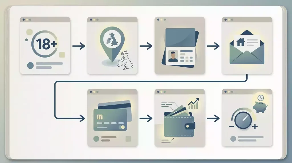 Illustration of a UK account verification flow with age, location, identity, payment method, source of funds and limits steps