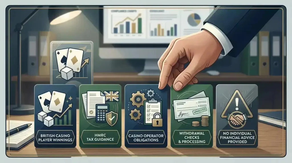 Illustration of a cautious UK tax checklist separating player winnings, HMRC guidance, operator duties and no personal advice