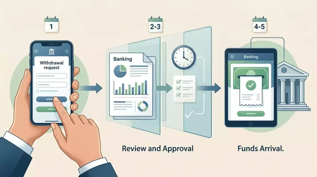 Withdrawal timeline illustration with checks and bank arrival stages