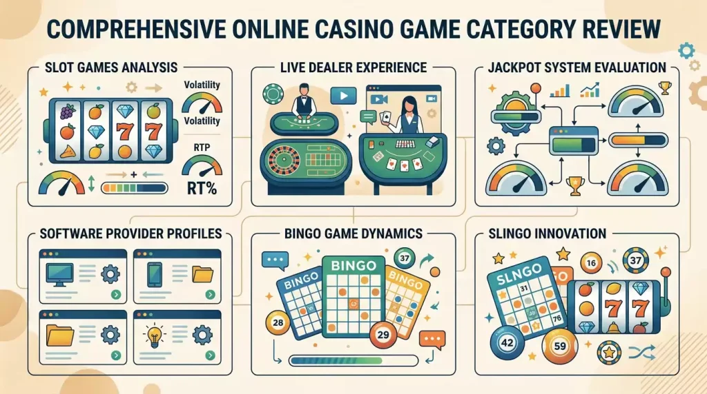 Illustration of a casino game library map with slots, live casino, jackpots, bingo, Slingo and providers