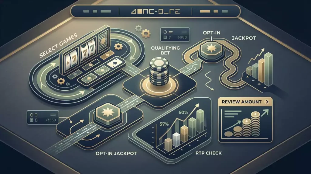 Illustration of a jackpot rules checklist with opt-in, stake, jackpot bet, RTP and recheck prompts