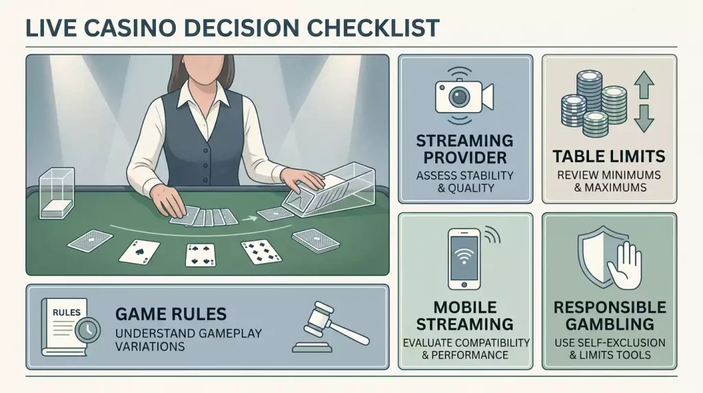 Illustration of a live casino checklist with dealer categories, table limits, provider checks, mobile stream and responsible play items