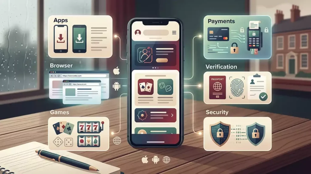 Illustration of a UK mobile casino checklist with app, browser, games, payments and safer-gambling controls
