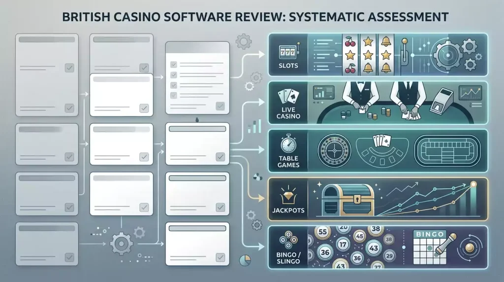 Illustration of software providers feeding into slots, live casino, table games, jackpots and bingo categories