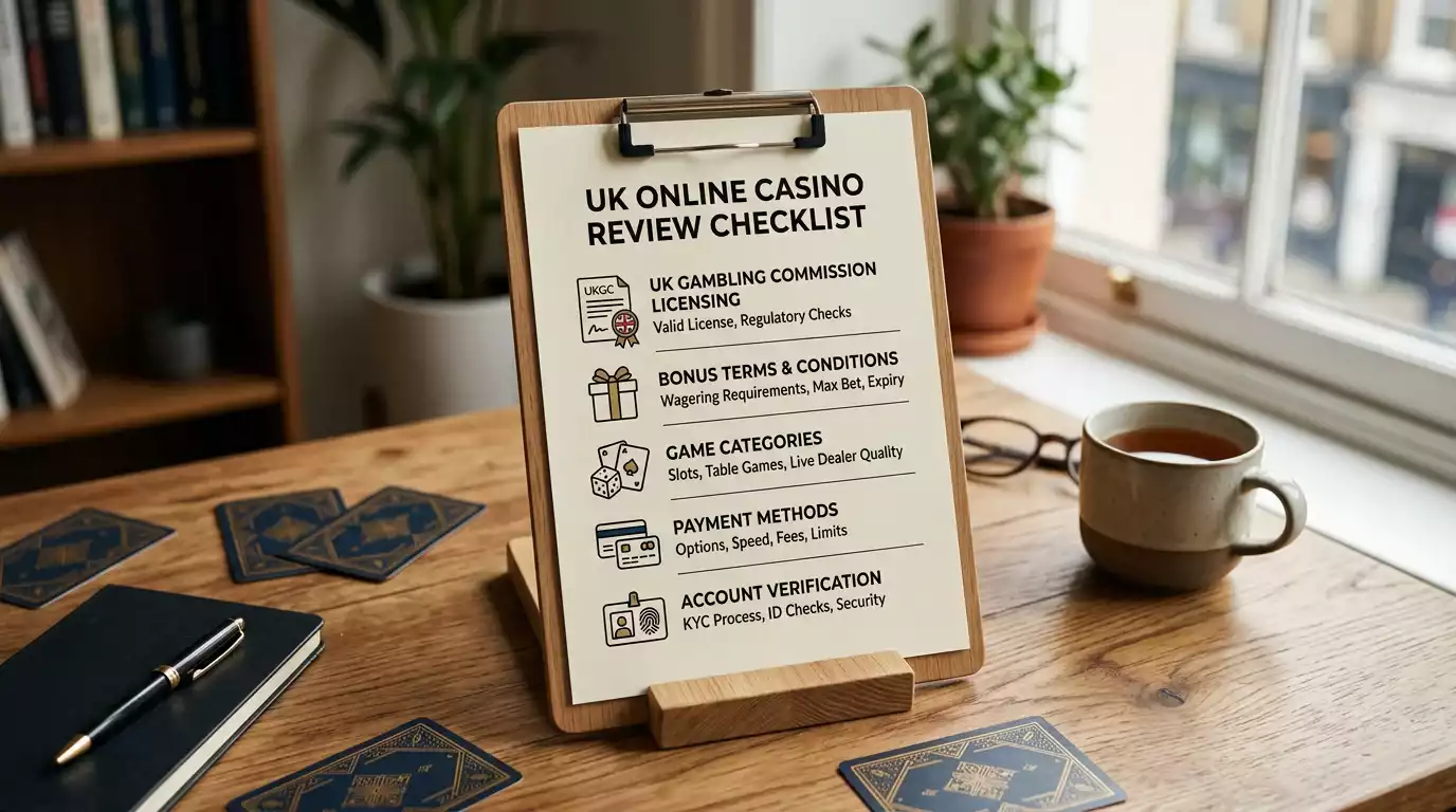 Editorial checklist for LeoVegas UK review covering licence, bonus, games and payments